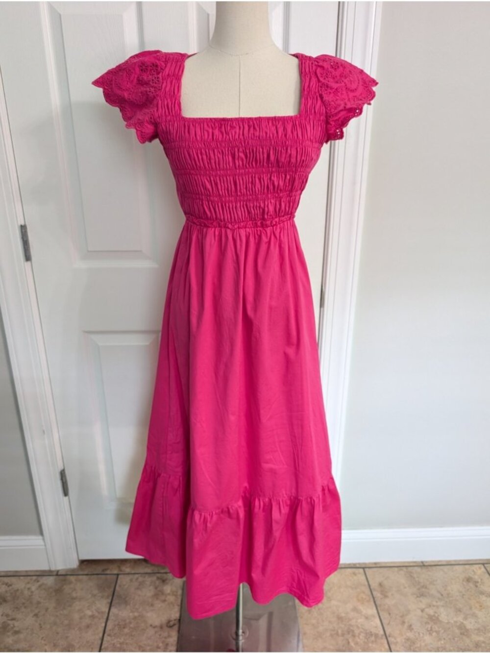 Jason Wu Pink  Smocked Eyelet Open Back Midi Dress Size Small Cottage Core